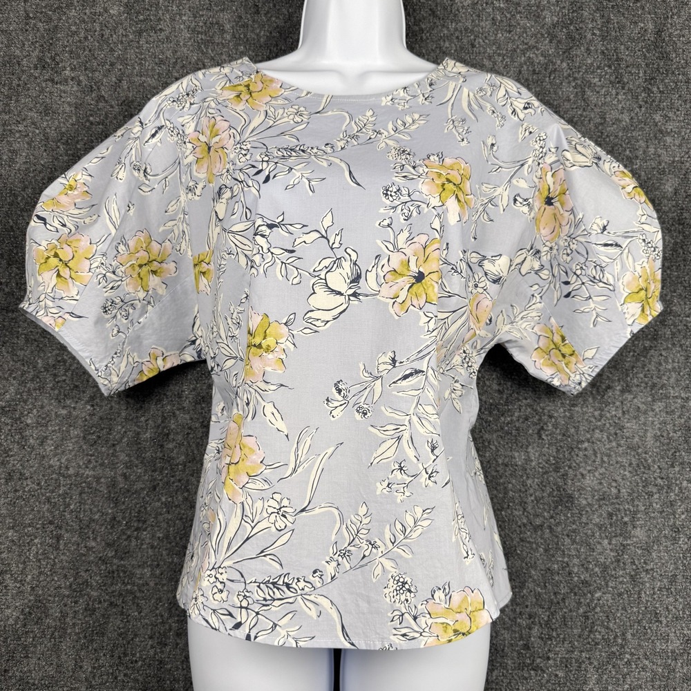Melloday Women SZ M Floral Puff-Sleeve Light Blue Yellow Pink White Peplum Top